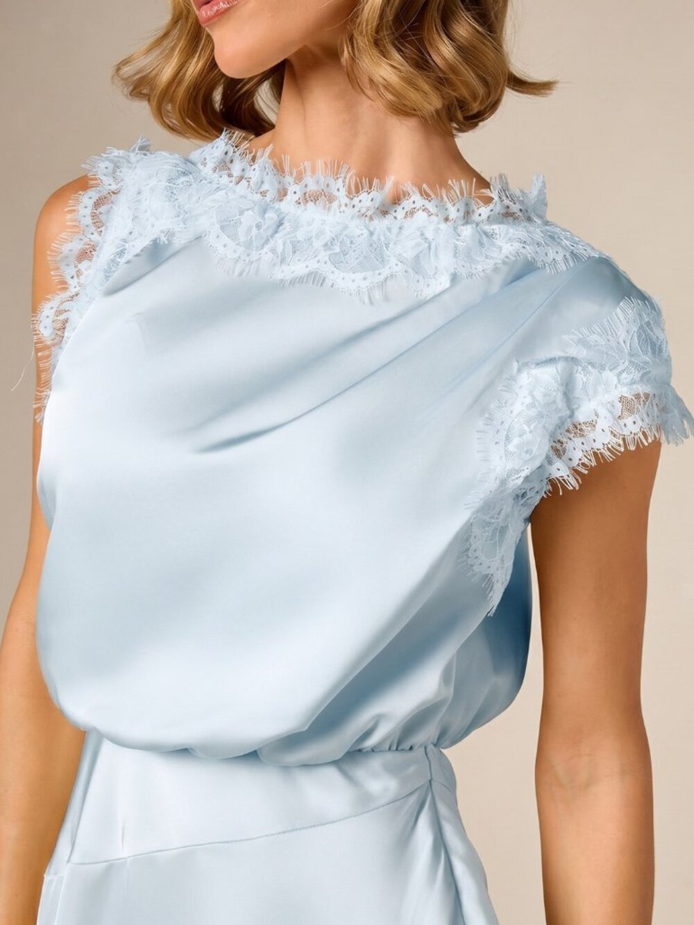 Blue Elegant Women's Asymmetric High Low Maxi Dress w/Lace Trim Hem Sleeveless - Picture 4 of 5